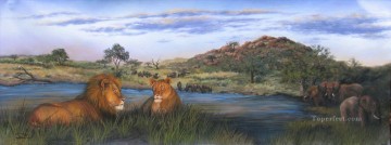 León Painting - león y elefante atardecer africano